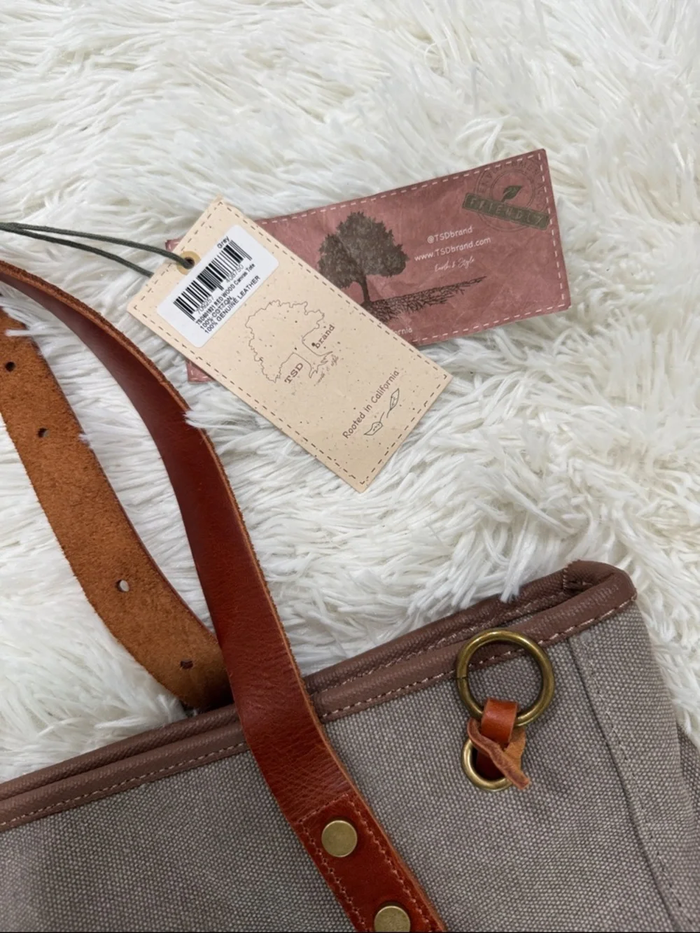 TSD Red wood Canvas Tote with Leather Trim and Brown Leather Handles